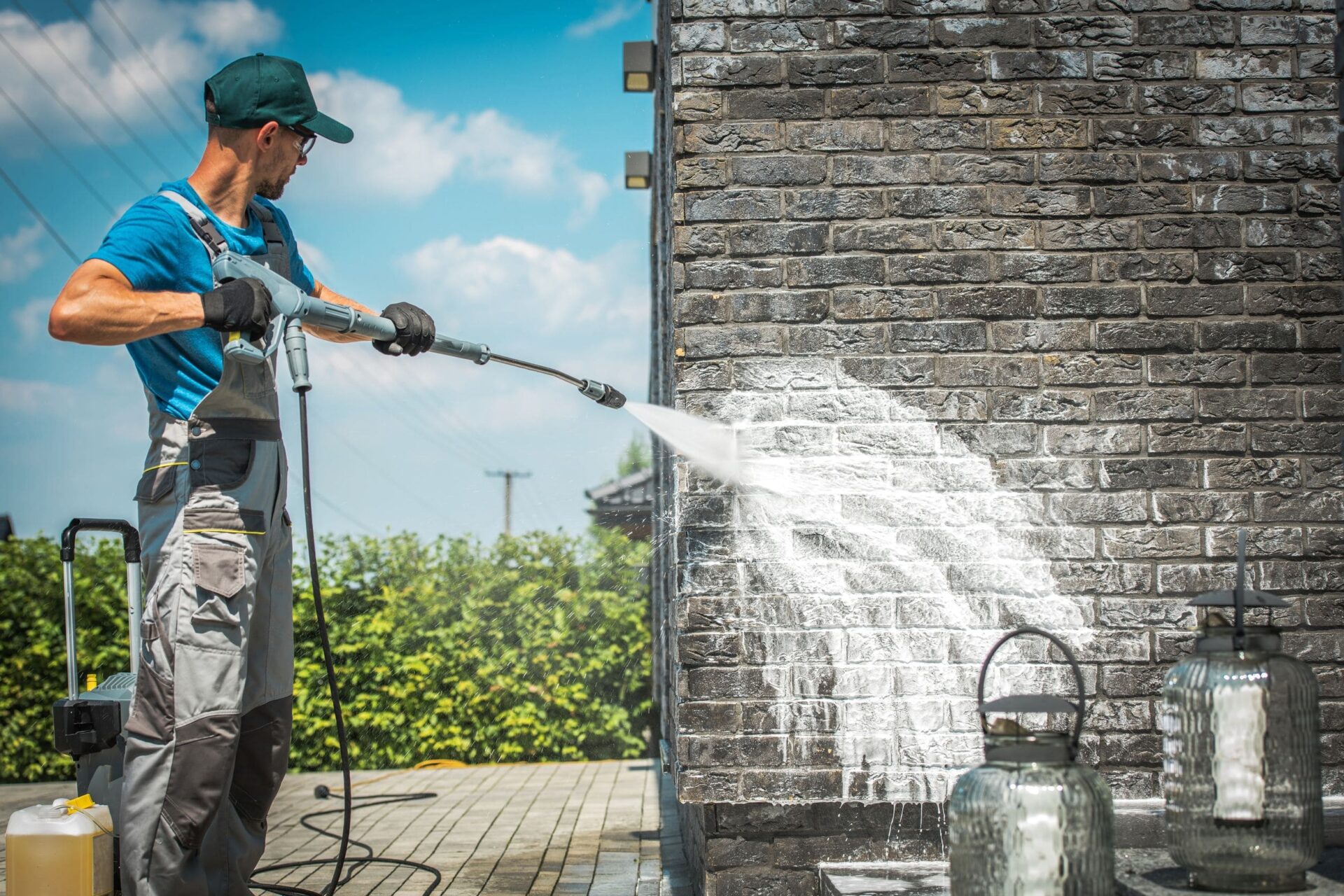 Quest Services Inc Pressure Washing a Brick Wall